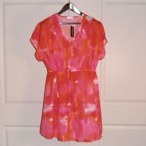 NWT Ekouaer Pink & Orange Watercolor Mini Dress – Size L – Lightweight